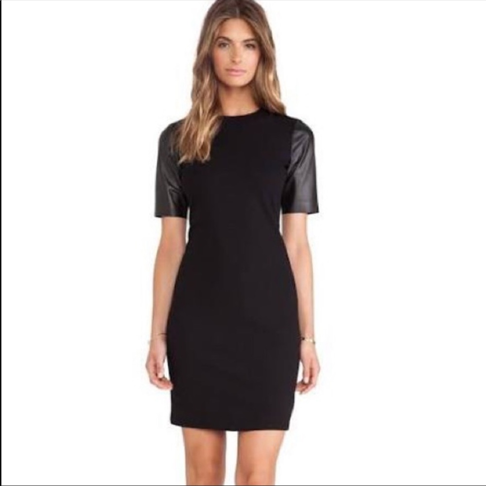 Vince Leather Sleeve Crepe Pencil Dress